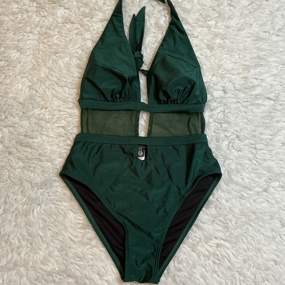 Villa Fresca One Piece‎ Swimsuit Women 8 Emerald Green Excellent Mesh Cut Out